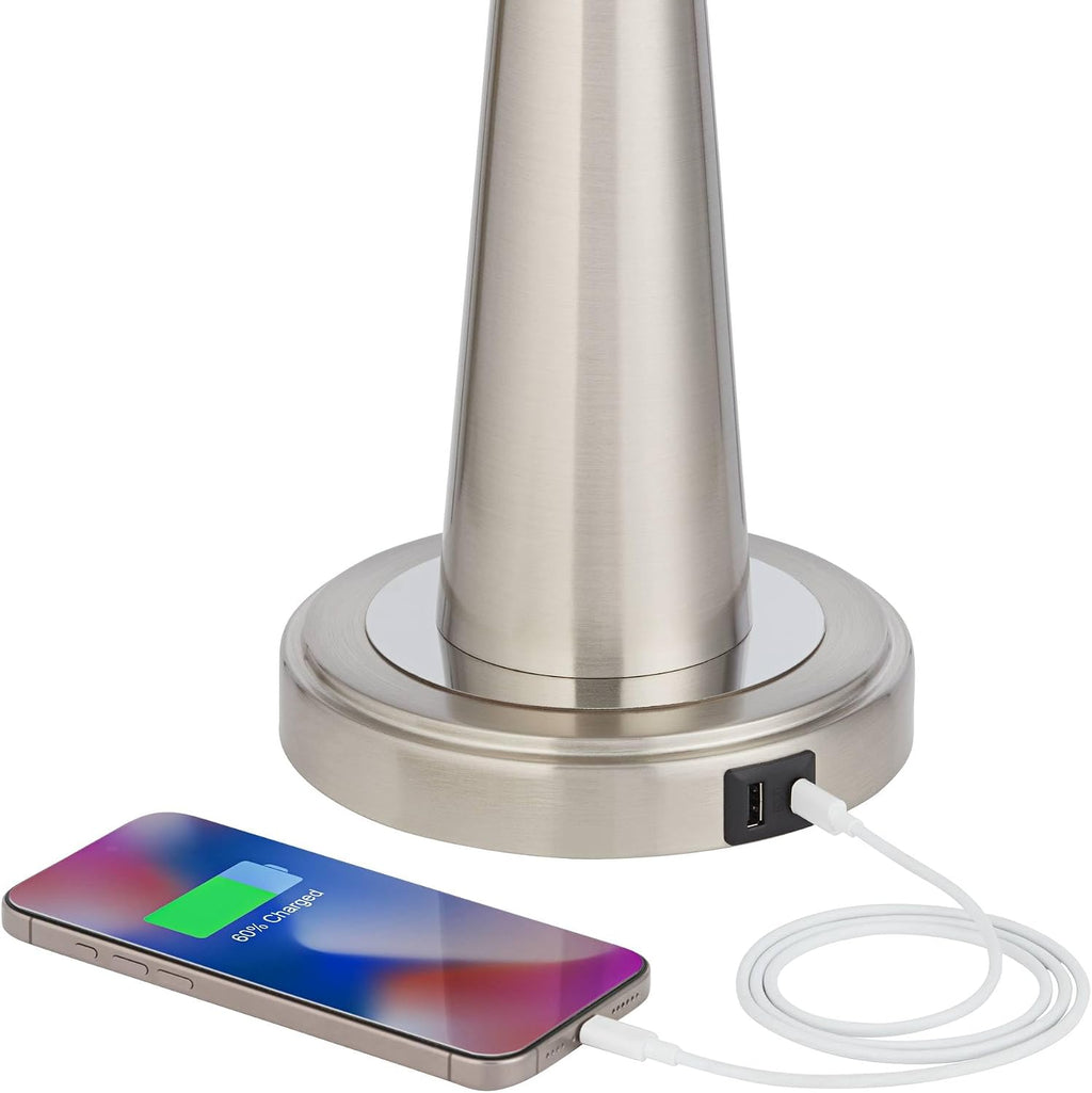 Possini Euro Design Vicki Modern Accent Table Lamps 23' Tall Set of 2 with USB Charging Ports Brushed Nickel Metal Cream Faux Silk Drum Shade for Bedroom Living Room House Desk Bedside Nightstand