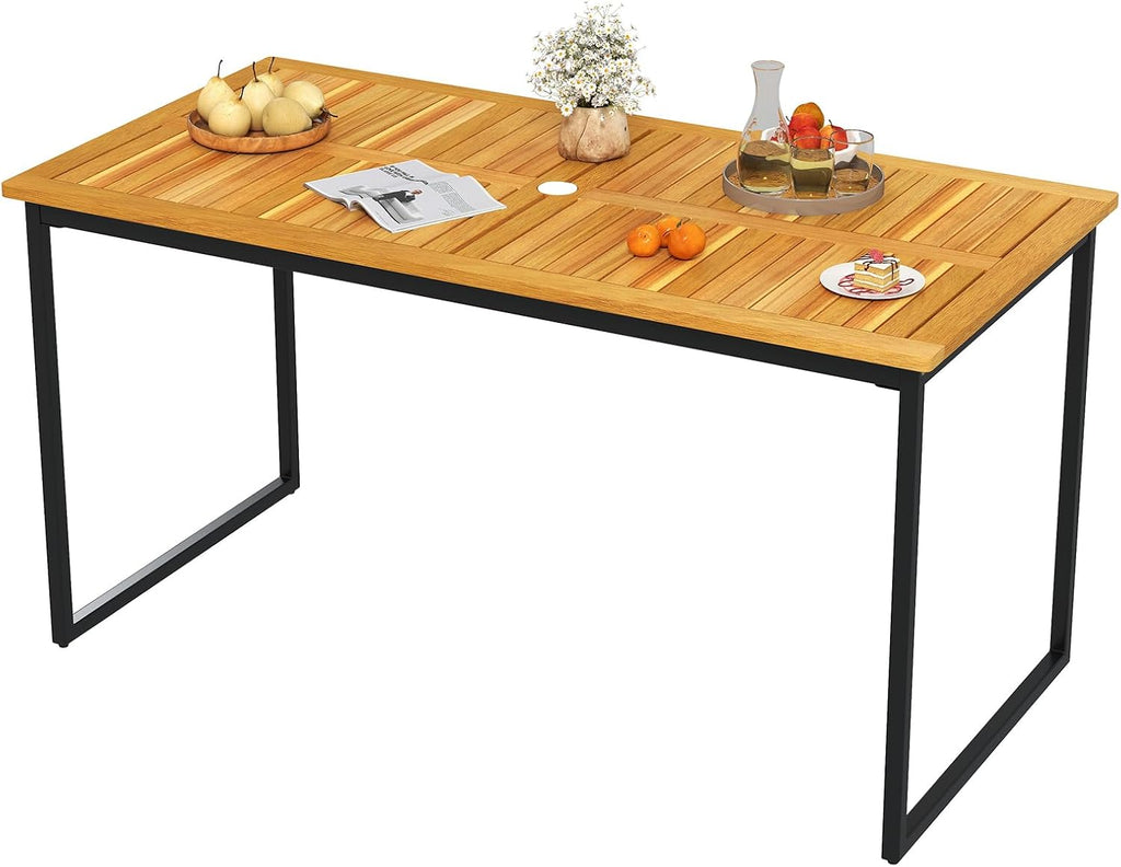 HAPPYGRILL Acacia Wood Patio Dining Table for 6 People, 55 inch Rectangle Patio Table with Slatted Tabletop, Metal Frame & Umbrella Hole, Outdoor Dining Furniture for Yard, Garden, Poolside
