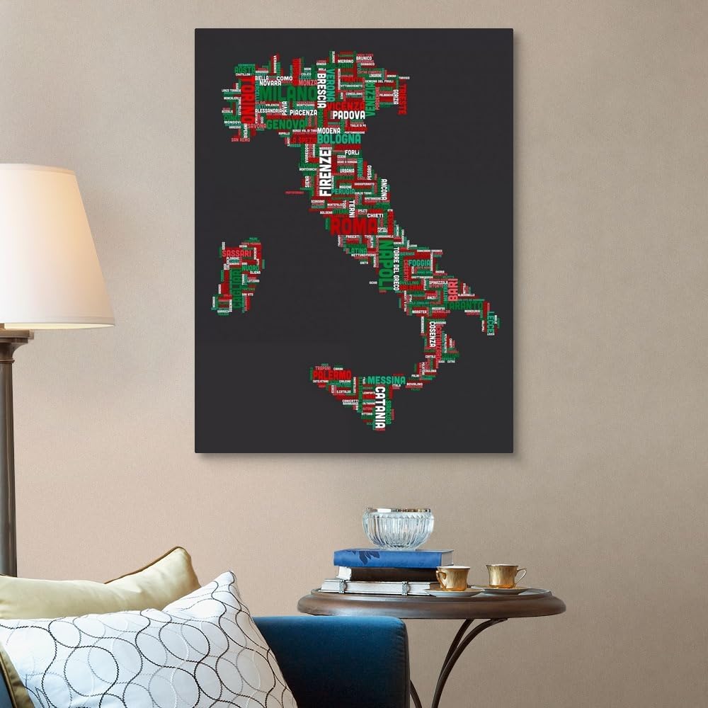 CANVAS ON DEMAND Italian Cities Text Map, Italian Colors On Grey Canvas Wall Art Print by Michael Tompsett, Typography, Home Decor, Artwork, 30'x40'