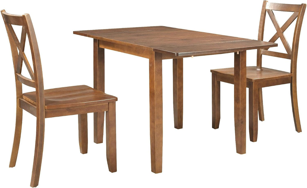 LUMISOL Farmhouse 3-Piece Drop Leaf Dining Table Set with 2 X-Back Chairs, Space-Saving Wood Table and 2 Chairs, Extendable Kitchen Table Set, Walnut