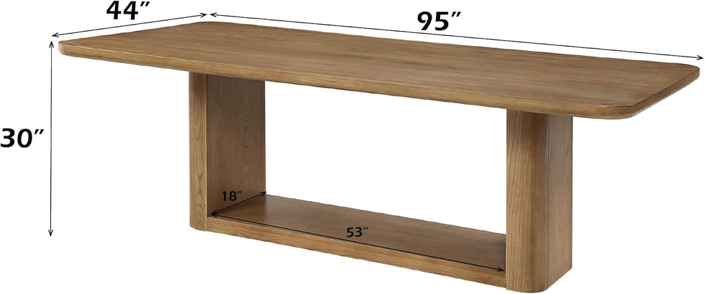 95'' Widen Rectangular Dining Table Rustic Wood Kitchen Dinner Table, Retro Modern Mid-Century Style, Sturdy Pedestals Base, Oak