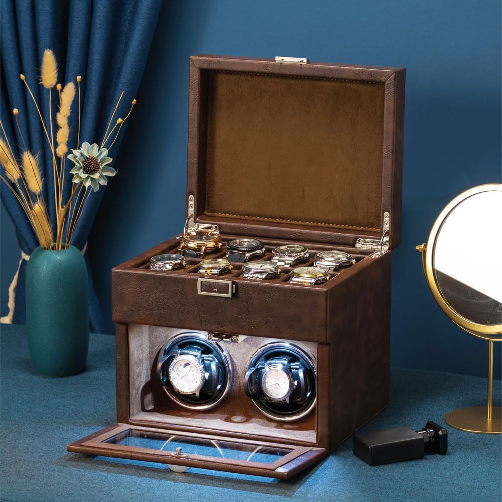 Anyasun Automatic Watch Winder,Double Watch Winder and 8 Extra Storage Display Box with LED Light,Japanese Quiet Motor,Adjustable Watch Pillows,AC Adapter,Father's Day Gift for Men