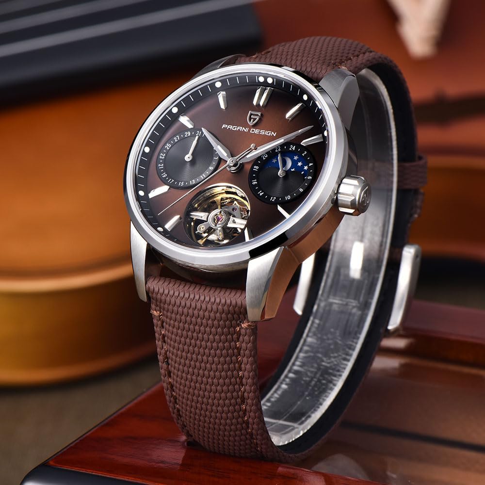 Pagani Design Luxury Men's Automatic Watch Skeleton Tourbillon Moon Phase Stainless Steel 100m Waterproof Leather Strap Men's Mechanical Watch