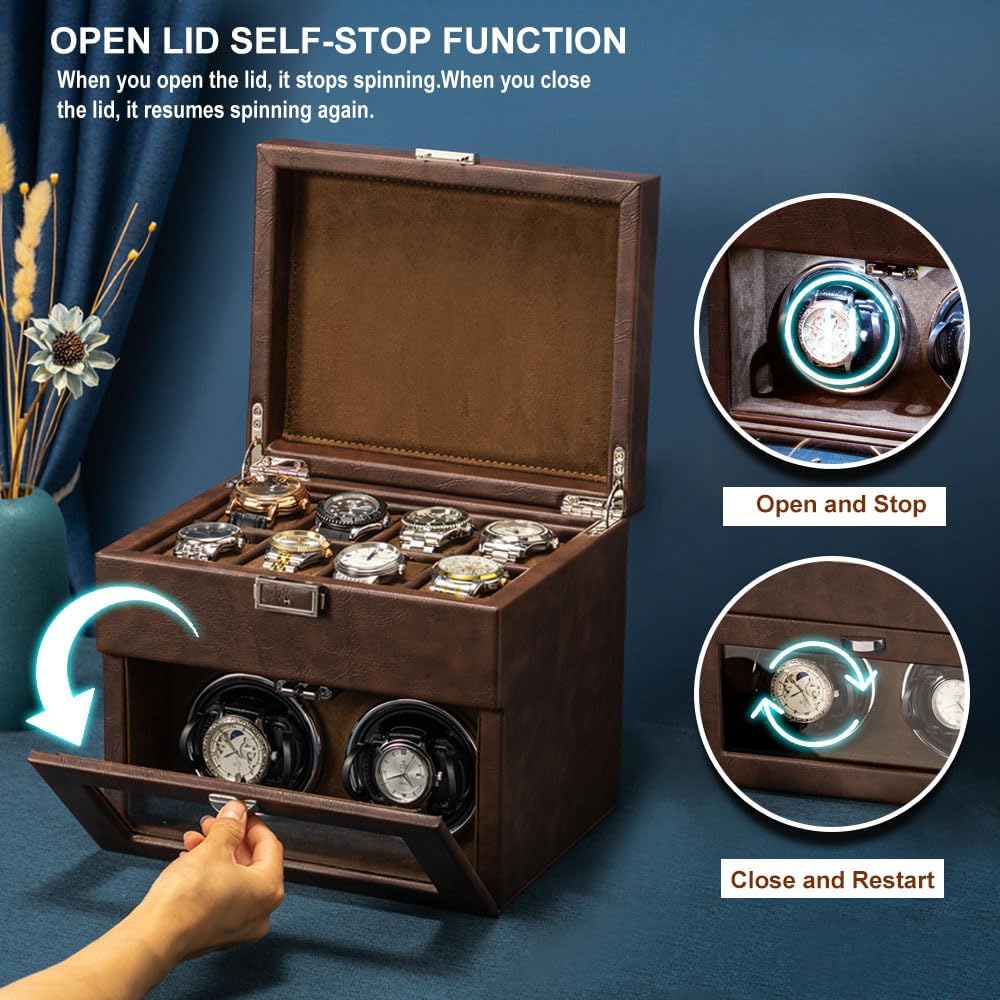 Anyasun Automatic Watch Winder,Double Watch Winder and 8 Extra Storage Display Box with LED Light,Japanese Quiet Motor,Adjustable Watch Pillows,AC Adapter,Father's Day Gift for Men