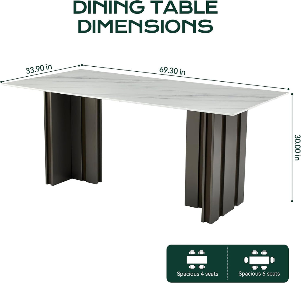 70 inch Faux Marble Dining Table for 4 to 6, Modern Dining Table with White Marble Texture Tabletop & Matte Brushed Stainless Steel Base, Rectangular Kitchen Dining Table for Dinner Party Gatherings