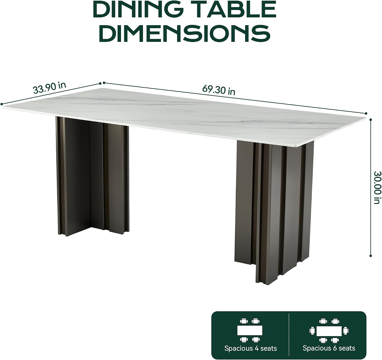70 inch Faux Marble Dining Table for 4 to 6, Modern Dining Table with White Marble Texture Tabletop & Matte Brushed Stainless Steel Base, Rectangular Kitchen Dining Table for Dinner Party Gatherings
