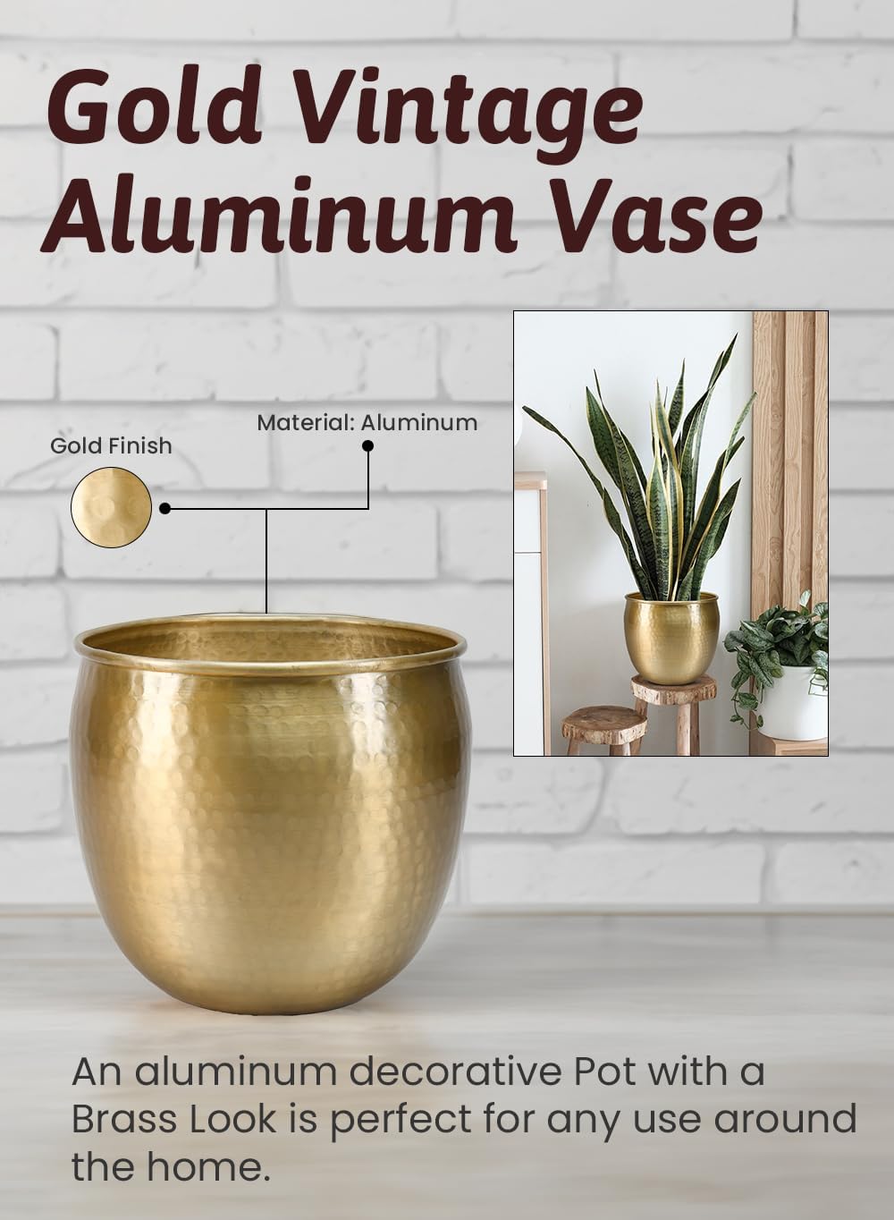 Serene Spaces Living Gold Brass Look Vintage Aluminum Vase - Perfect Decorative Accent for Plants, Weddings, and Events, Metallic Pot for Home, Large, Measures 10.75' Diameter and 9.75' Tall