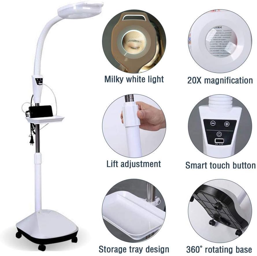Magnifying Glass,20X Magnifier Lamp, Floor Standing Lamp Light Height Adjustable for Reading, Beauty, Manicure, Tattoo, Salon, Crafts