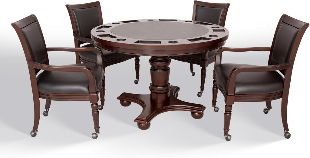 Hathaway Bridgeport 2 in 1 Round Poker Table and Chairs Set for Dining & Game Rooms – Furniture Grade Hardwood, Sturdy Pedestal Legs, Drink Holders, Chip Slots – Includes 4 Poker Table Chairs - Walnut