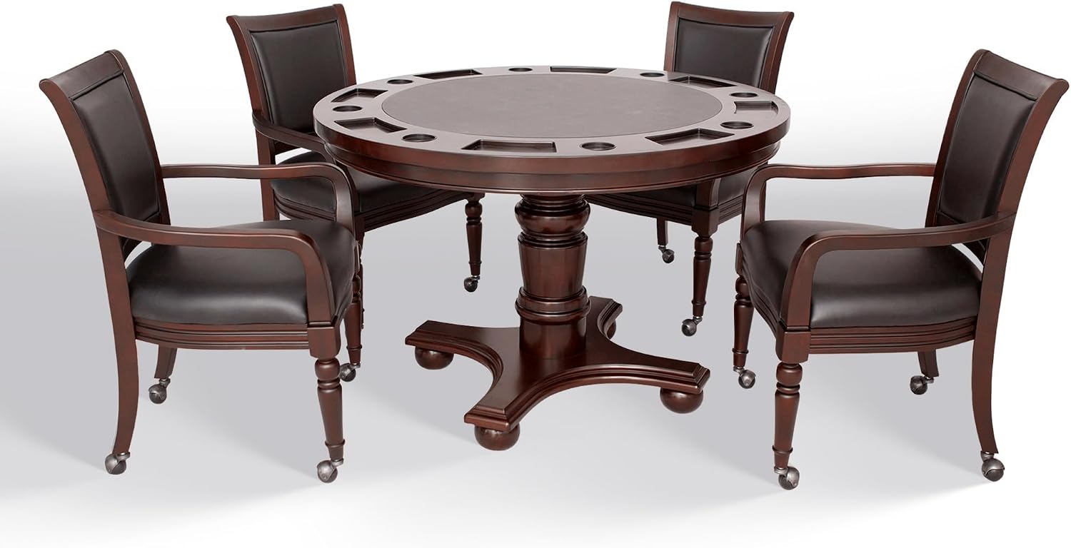 Hathaway Bridgeport 2 in 1 Round Poker Table and Chairs Set for Dining & Game Rooms – Furniture Grade Hardwood, Sturdy Pedestal Legs, Drink Holders, Chip Slots – Includes 4 Poker Table Chairs - Walnut