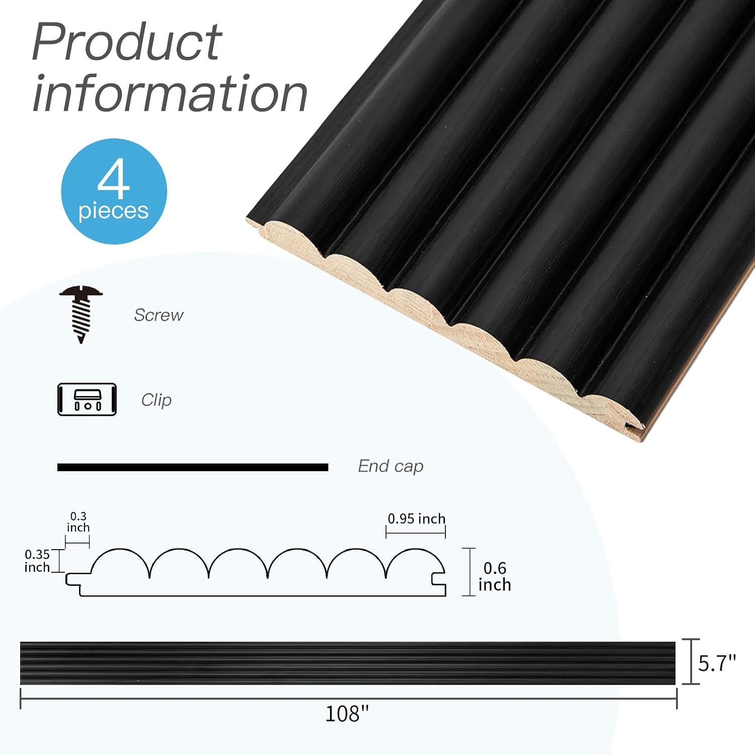 Art3d Fluted Wood Panel - 108 x 5.7 x 0.7in for Wall & Ceiling, Beaded Accent Molding for Home Decoration, Pack of 4pcs + 1pc End-Trim, Beaded Black