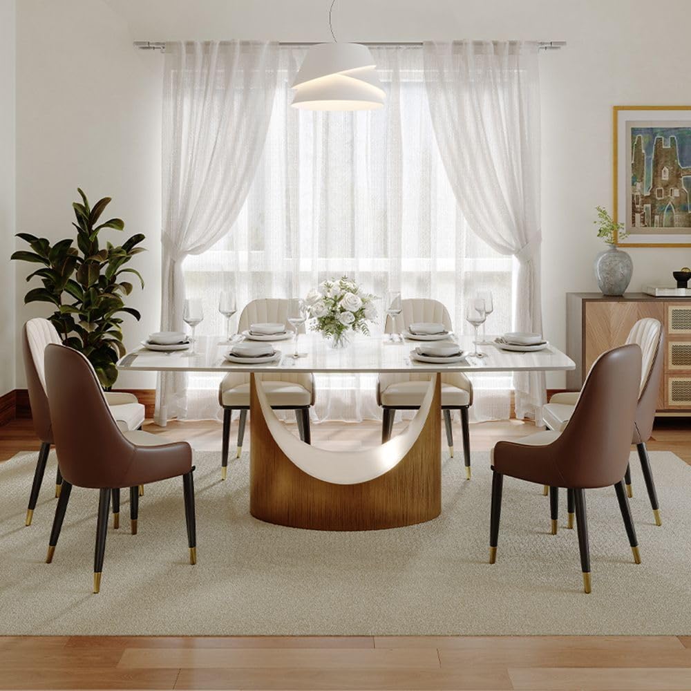 POVISON 71' Hobart Modern Rectangular Dining Table for 6, Glossy White Sintered Stone Tabletop with Bronze Carbon Steel Pedestal for Dining Room (Table Only