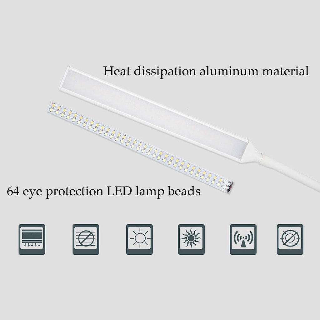 Desk Lamps 10W with Clamp, 64 LEDs Eye-Care Reading Light Dimmable, Flexible Swing Arm Architect Lamp for Reading, Working, Office, with Memory Function, with Switch, USB Cable, White