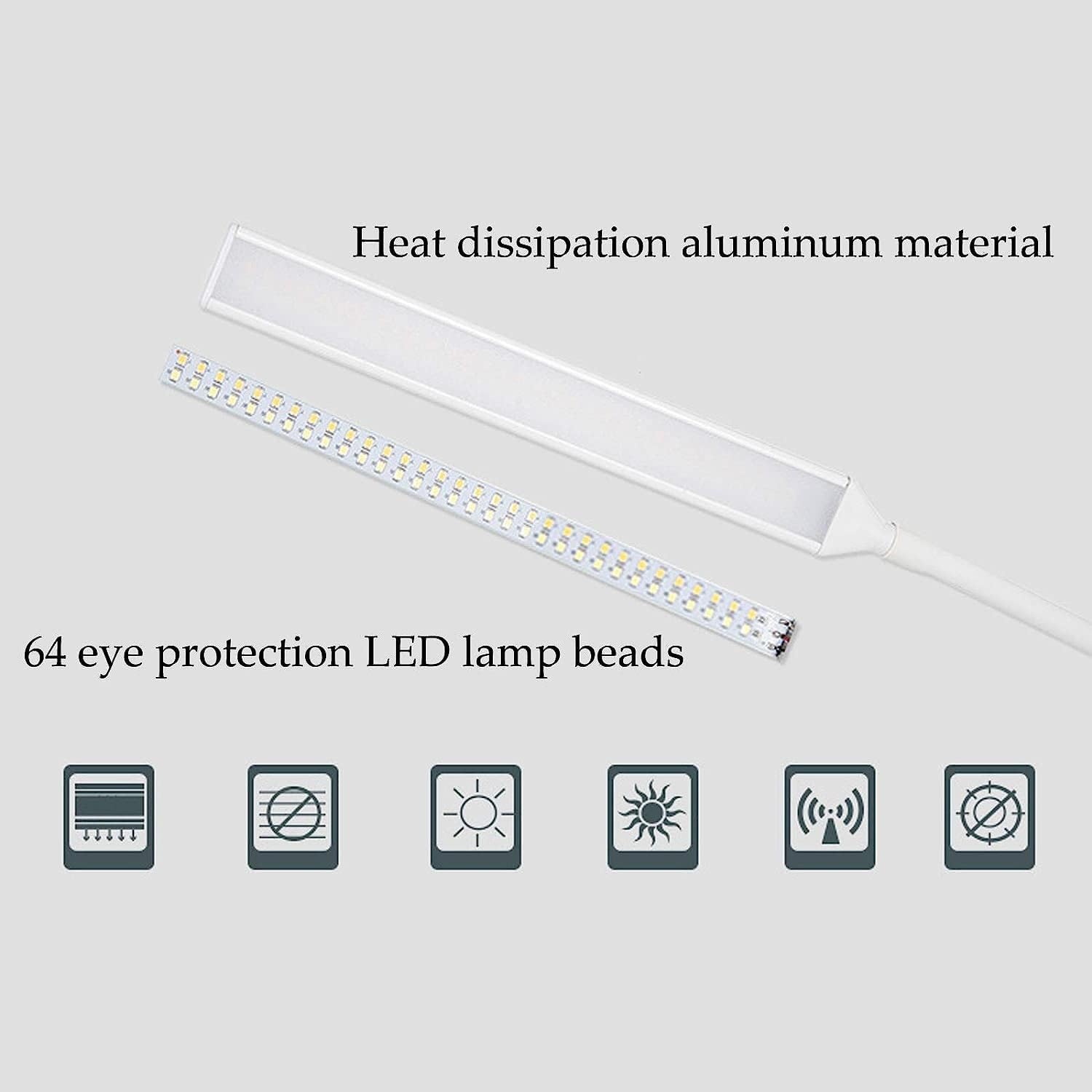 Desk Lamps 10W with Clamp, 64 LEDs Eye-Care Reading Light Dimmable, Flexible Swing Arm Architect Lamp for Reading, Working, Office, with Memory Function, with Switch, USB Cable, White
