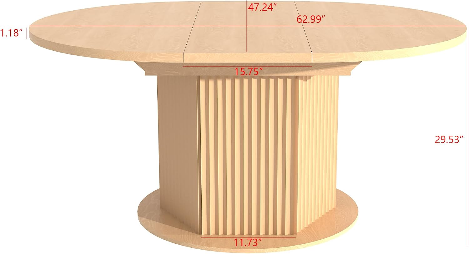 62.99'' Extendable Round Oval Dining Table for 4-6, Modern Wood Expandable Kitchen Dinner Conference Table for Living Room Office, Light Brown