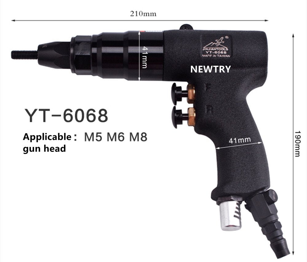 NEWTRY Air Rivet Nut Gun Pneumatic Riveter Riveting Tool Kit with Self-locking Head for 1/4,5/16 Nut (6068 gun with M6,M8 head)