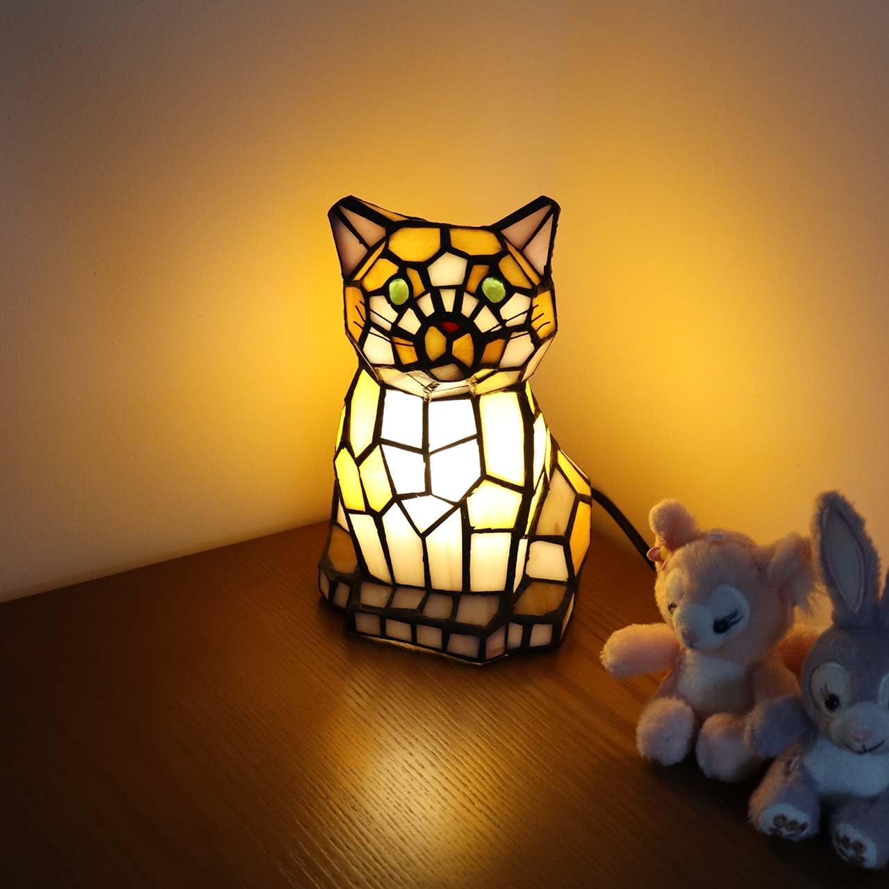Bieye L10211 Cute Cat Waits for Someone to Play with Tiffany Style Stained Glass Accent Table Lamp Night Light for Home Decoration (One Cat, Yellow)