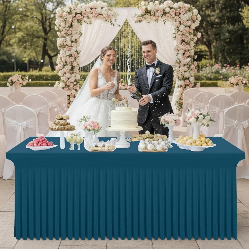 Smiry Spandex Tablecloth 6 Pack, Elastic Fitted Stretch Tablecloth for 6FT Rectangle Tables, Waterproof Washable Table Cover Skirt for Wedding, Banquet & Parties (Peacock Blue, 72Lx30Wx30H Inch)