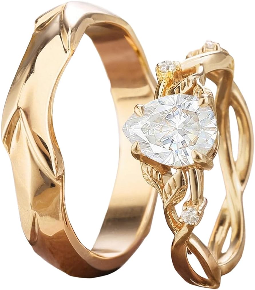 SISGEM Moissanite Couple Rings Set, 10K 14K 18K Solid Gold Moissanite Wedding Rings for Him And Her, Vintage Leaf/Branch Wedding Bands Matching Couple Rings Anniversary Jewelry Gift for Women And Men