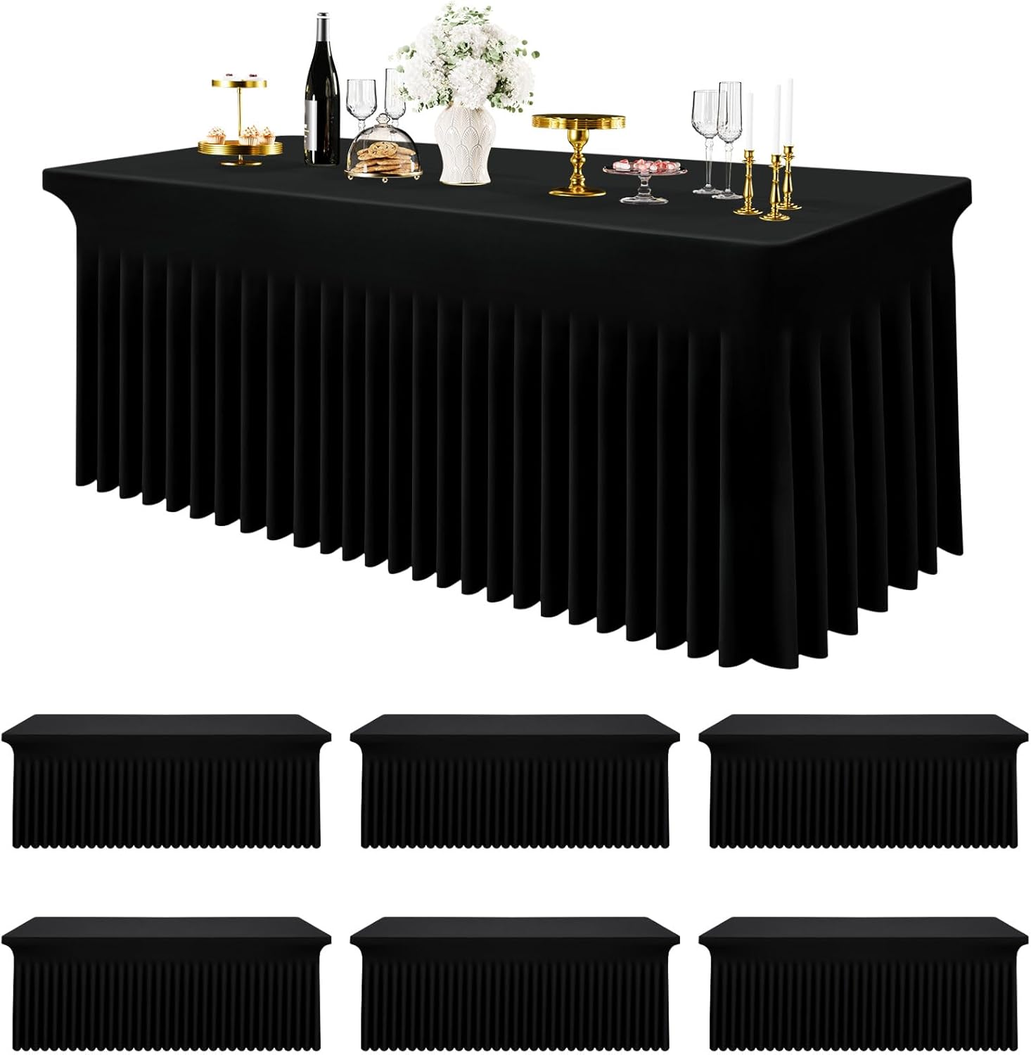 Smiry Spandex Tablecloth 6 Pack, Elastic Fitted Stretch Tablecloth for 5FT Rectangle Tables, Waterproof Washable Table Cover Skirt for Wedding, Banquet & Parties (Black, 60Lx36Wx30H Inch)