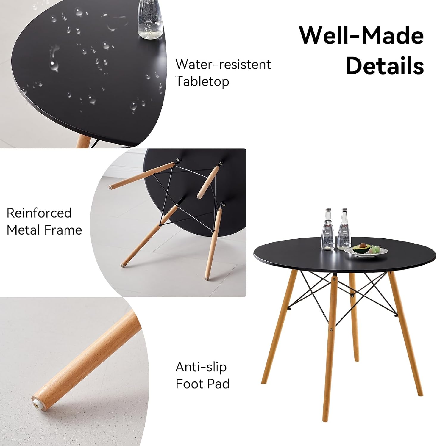 5-Piece 35.5' Round Dining Table Set, Small Kitchen Table Chairs Set of 4 Plastic Seats, Solid Wood Legs, Space Saving Furniture for Living Room Apartment Office Home, Black