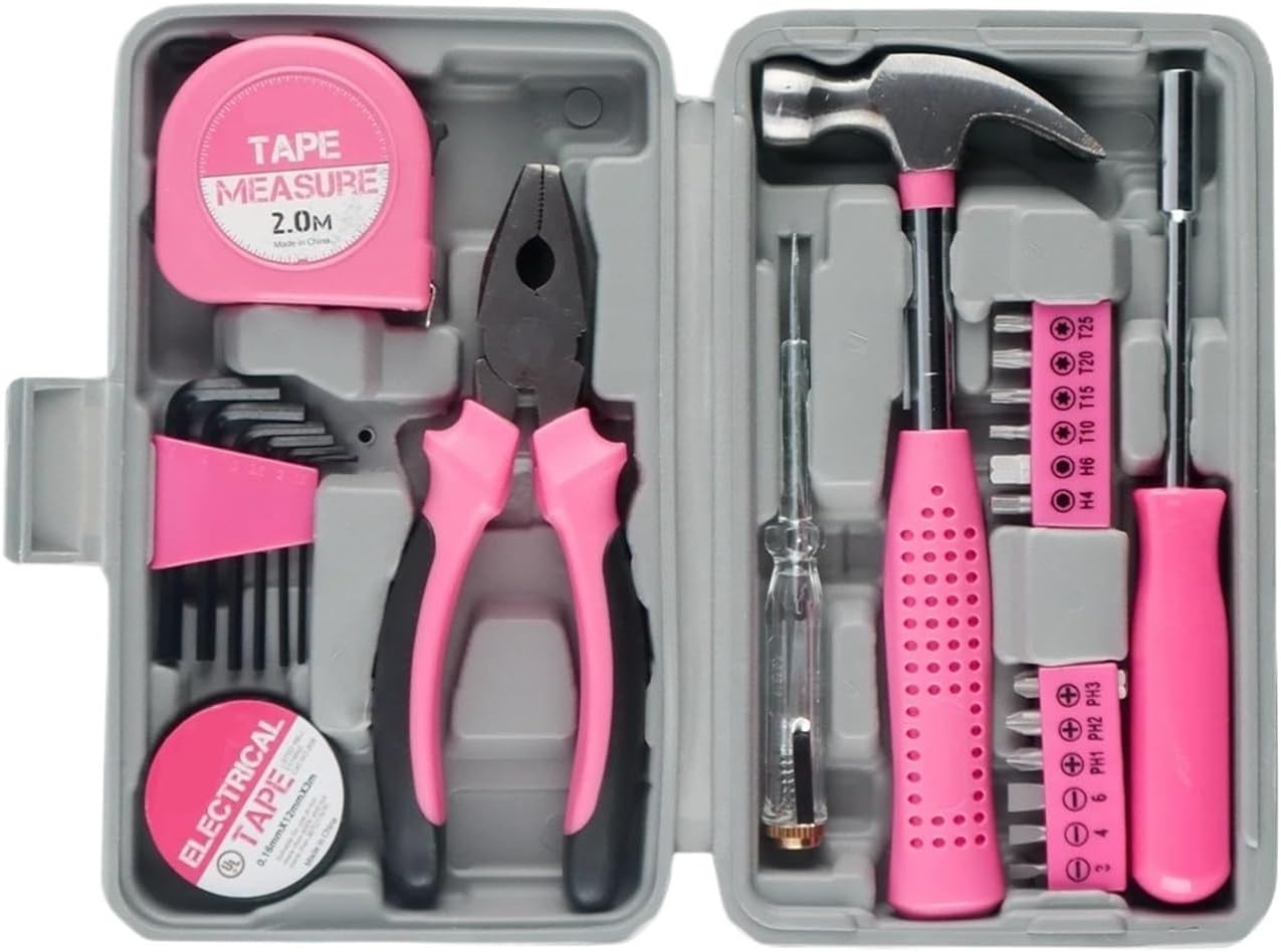 24 In 1 Multifunctional Home Repair Hand Tool Set Pliers Tape Measure Hammer Wrench Screwdriver Pink Hardware With Toolbox(24pcs pink)