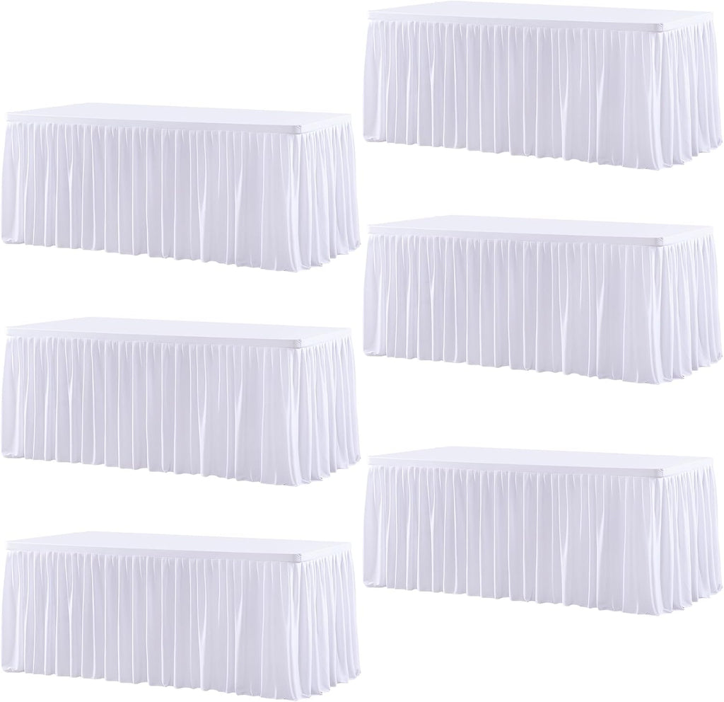 Wish Care 6 Pack White Rectangle Table Clothes for 8 Foot Tables, Polyester Fitted Tablecloths 8ft Stretch Table Cover for Wedding, Birthday, Parties, Trade Show, Craft Show