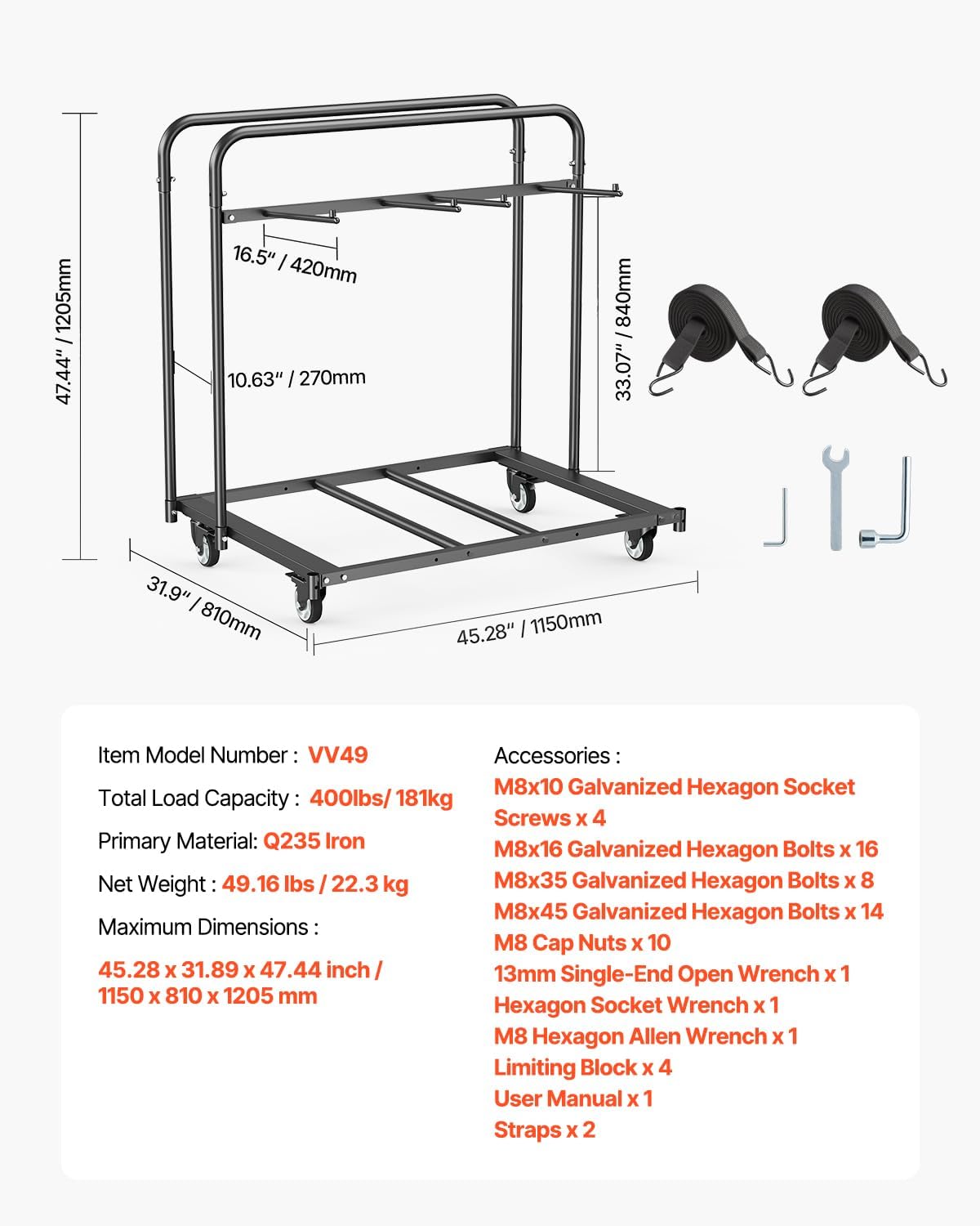 VEVOR Folding Chair Rack, 400 LBS Capacity, Heavy-Duty Chair Cart for 5 Tables+14 Chairs, Chair Storage Dolly Chair Holder w/Swivel Casters and Locking Wheels,for Party Event,Hotel, Matte Black