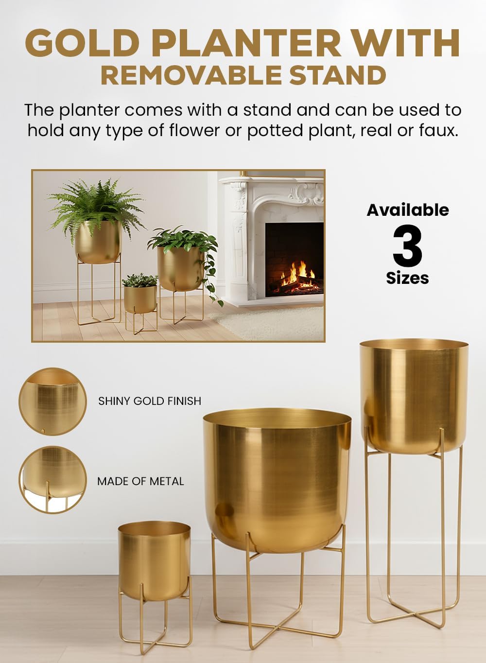 Serene Spaces Living Modern Mid‑Century Metal Indoor Planter with Stand, Gold Planter Pot for Houseplants & Indoor Plants – Living Room, Kitchen & Office, 7.25' Diameter & 13' Tall