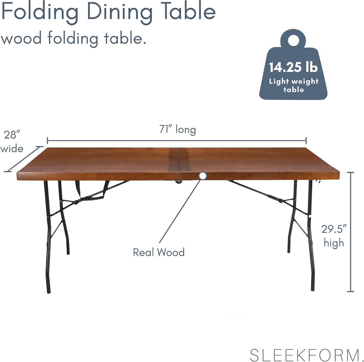 Sleekform 6ft Wooden Folding Table with Handle, Wood Folding Banquet Tables for Dinner - 6 Foot x 28 in, Portable, Sturdy & Lightweight Foldable Table for Dinner, Conference or Picnic - Walnut