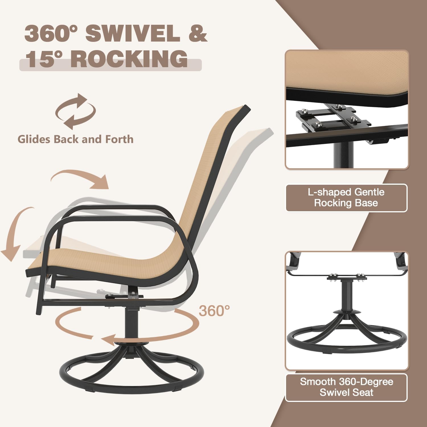 MELLCOM 5 Pieces Outdoor Dining Set, 4 Swivel Rocker Chairs with High Back Textilene & 42'' Round Metal Dining Table with Umbrella Hole, Patio Furniture Set for Deck, Beige