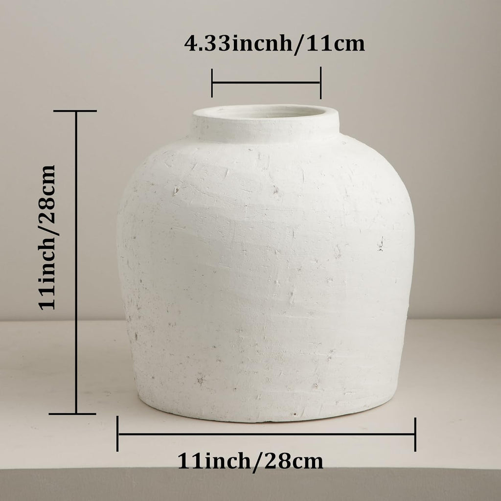 Large Ceramic Vase, 11' Rustic Farmhouse Terracotta Vase for Home Decor, Artisan Decorative Flower Vase for Living Room, Table Centerpiece, Bedroom (Rustic White)