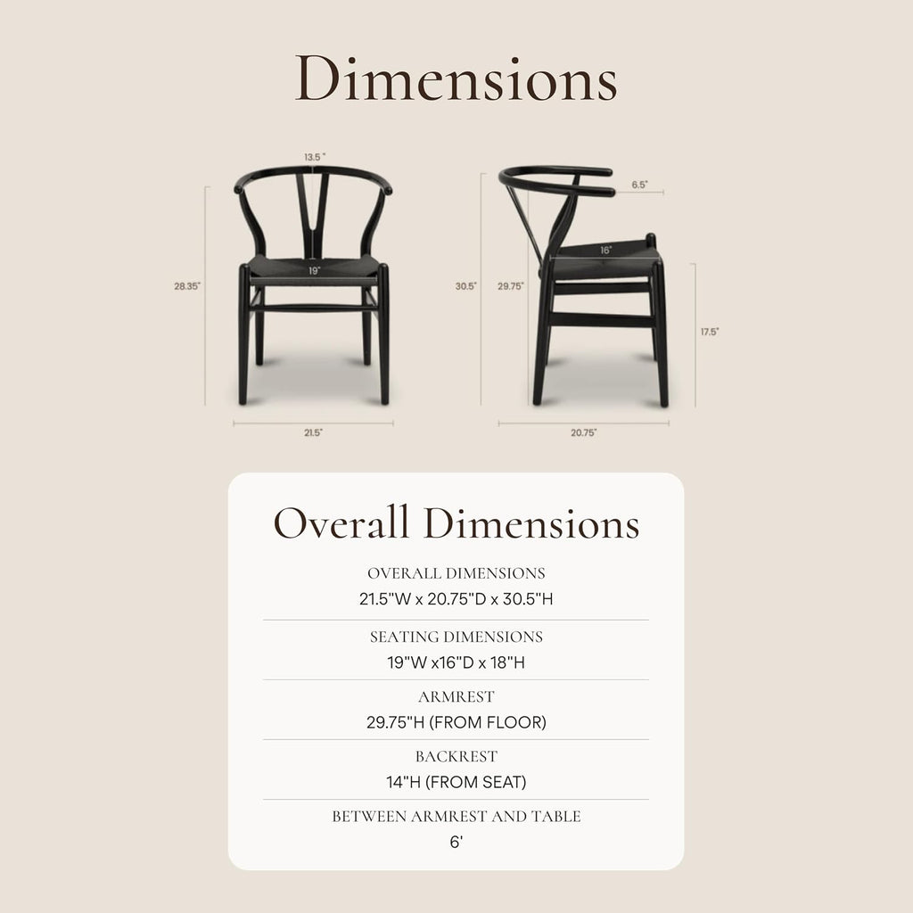Poly & Bark Weave Dining Chairs – Mid-Century Modern Wishbone Dining Chairs with Arms, Solid Wood Frame, Indoor Use – Pitch Black – Set of 2 - Ideal for Dining Room, Kitchen or Stylish Accent Setting