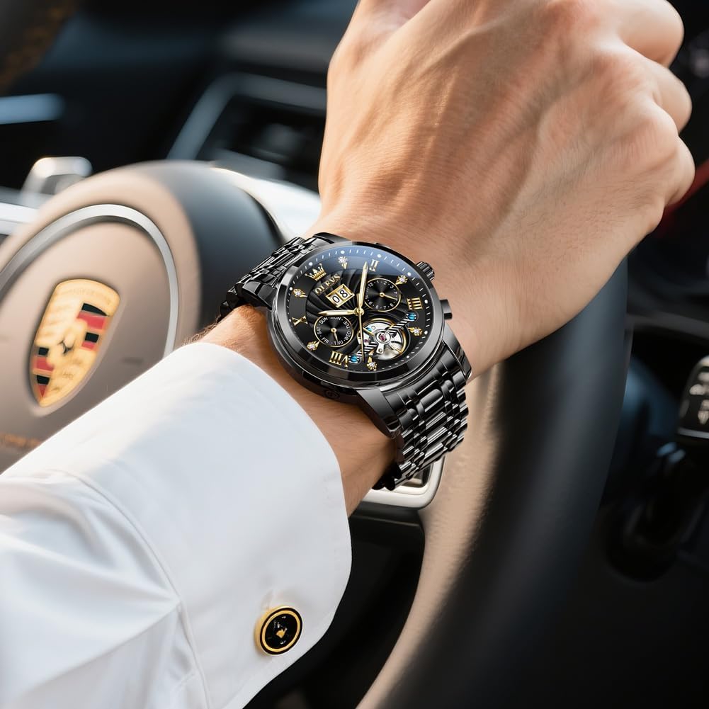 OLEVS Mens Watches Luxury Waterproof Luminous Easy Read Chronograph Watches Full Gold/White Dail/Black Face with Calendar Wrist Watches