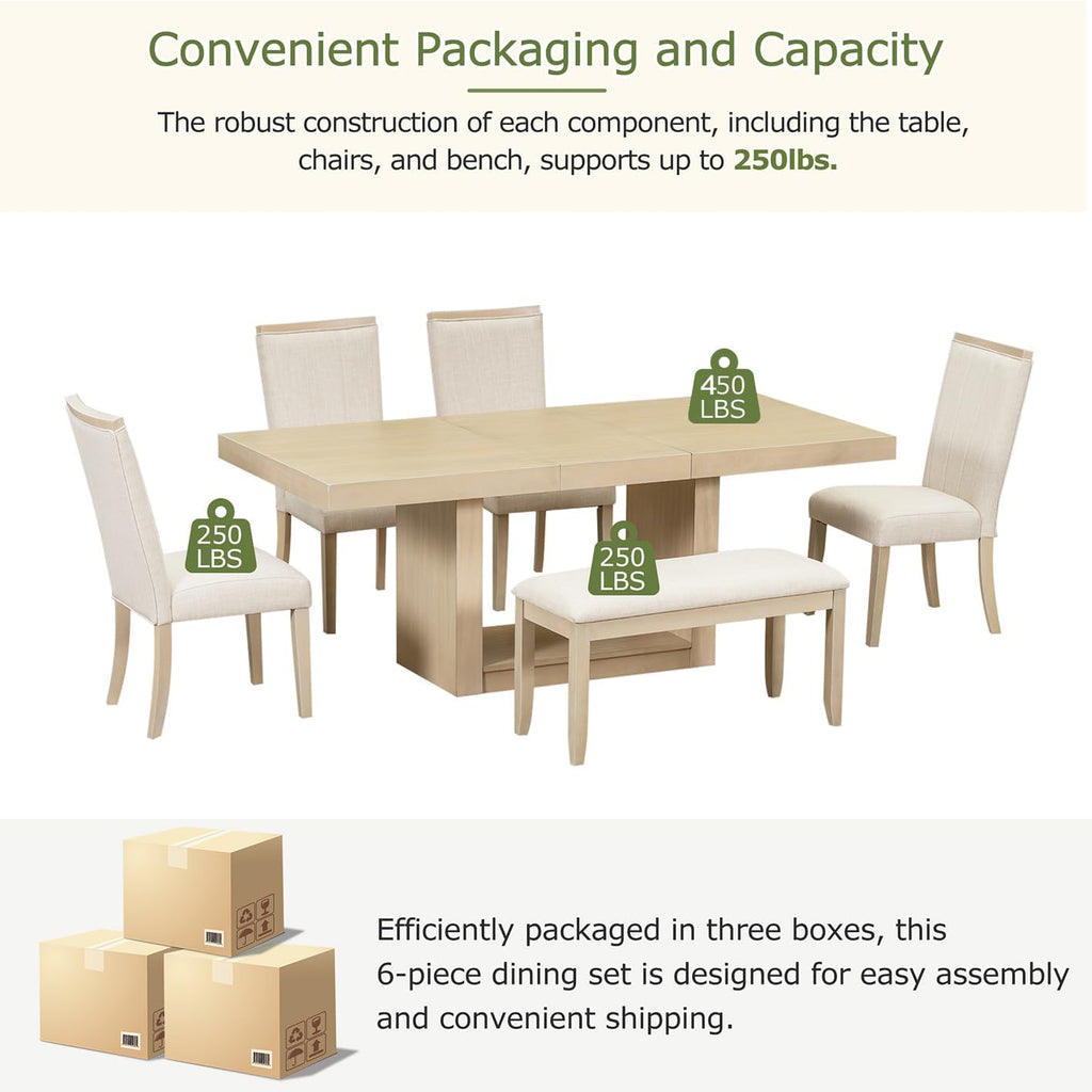 Merax 78 Inch Extendable Dining Table Set with 18inch Removable Leaf, Wood 6-Piece Dining Table Set with 4 Upholstered Dining Chairs & 1 Dining Bench, Natural
