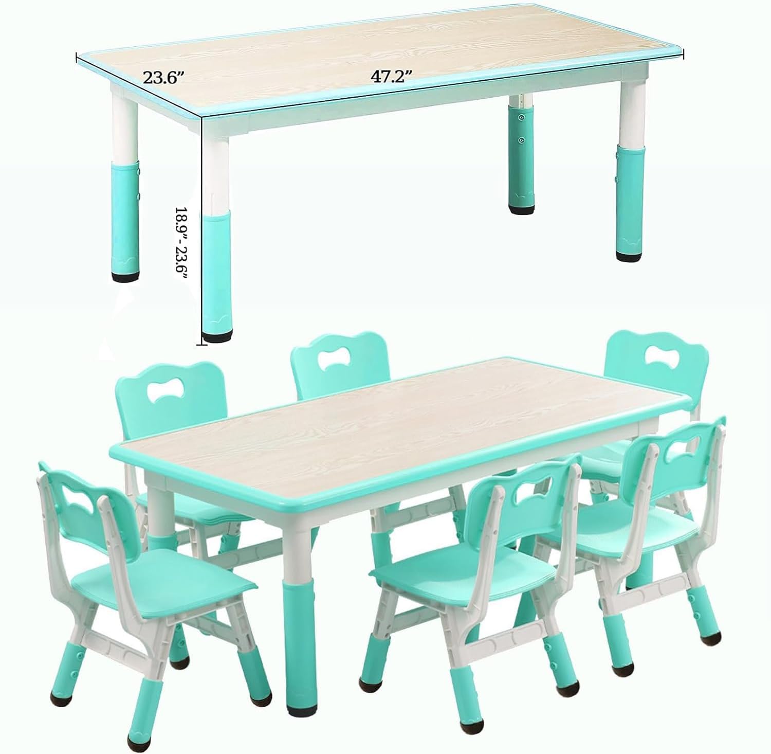 Garvee Kids Table and 6 Chair Set,47 in Modern Height Adjustable Toddler Table and 6 Chairs Set with Non-Slip Desk Legs&Organizer Graffiti Desktop, Preschool Activity Art Craft Tables for 6(Teal
