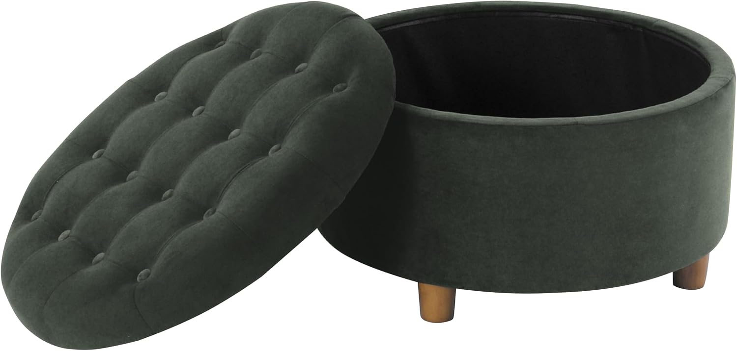HomePop Home Decor | Large Button Tufted Velvet Round Storage Ottoman | Ottoman with Storage for Living Room & Bedroom, Loden Green Velvet, 28'
