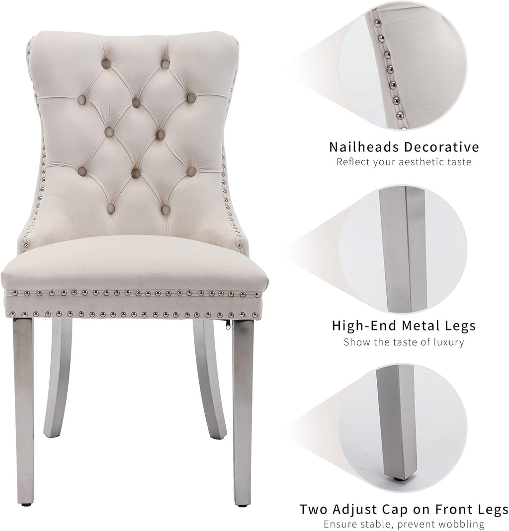ODUSE-DAILY Velvet Dining Chairs Set of 4, Kitchen & Dining Room Chairs Set of 4, Tufted Dining Chairs, Velvet Upholstered, Chrome Metal Legs (Beige)