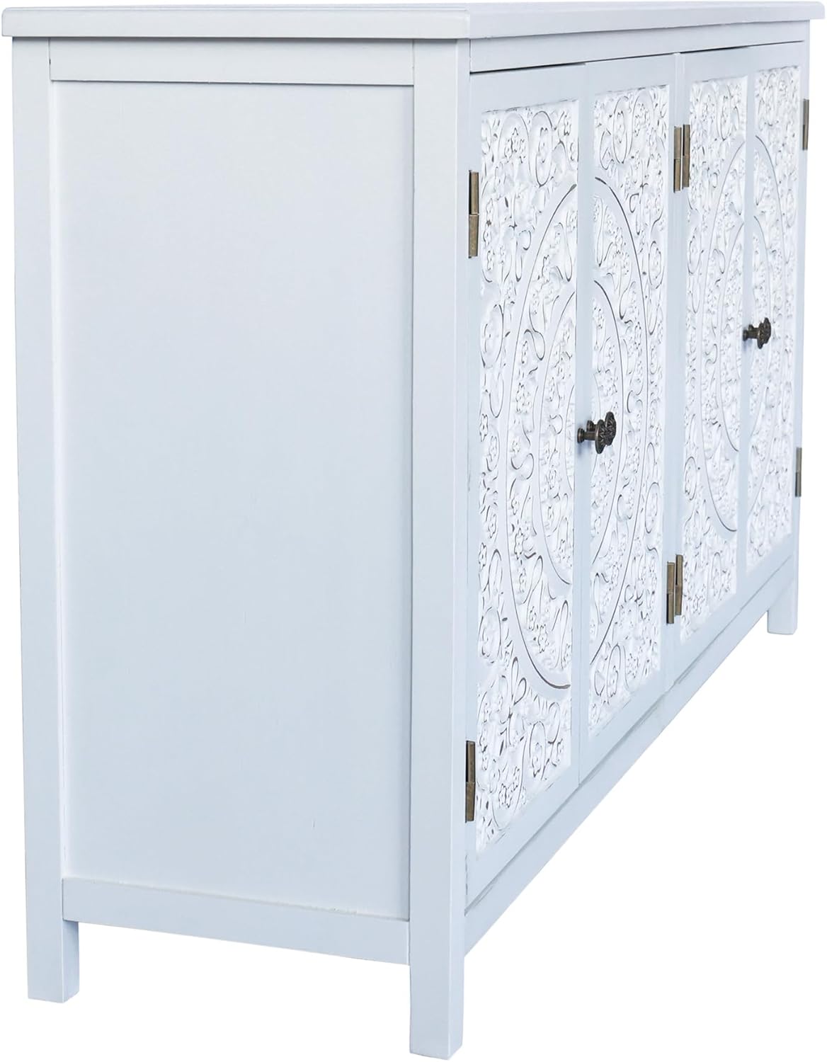 LKTART 60' Vintage Sideboard Buffet Cabinet with 4 Carved Doors, Accent Credenza Storage,Media Console Cabinet, for Entryway,Living&Dining Room, Antique White