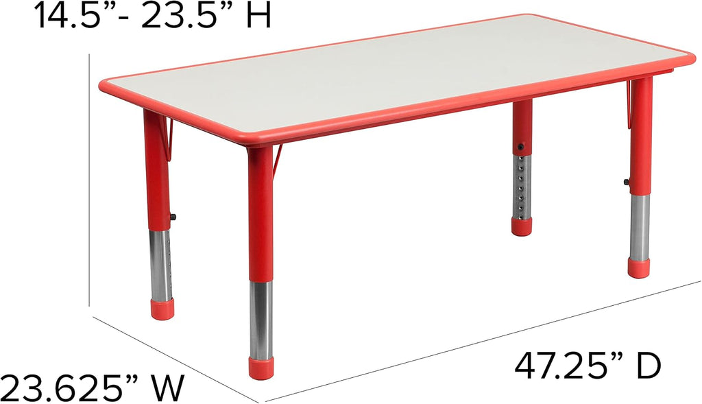 Flash Furniture Emmy Adjustable Classroom Activity Table with 6 Stackable Chairs, Rectangular Plastic Activity Table for Kids, 23.625' W x 47.25' L, Red/Gray