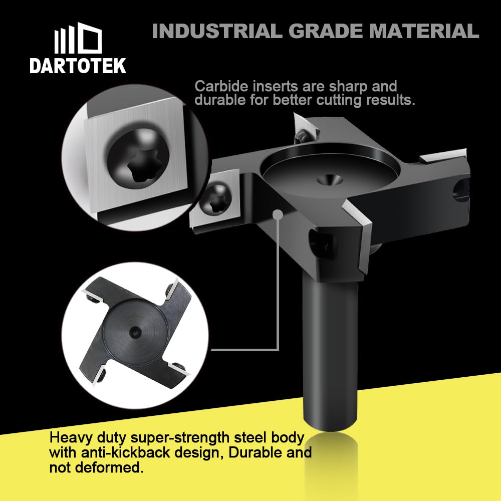 CNC Spoilboard Surfacing Router Bit, 1/2 inch Shank 2-1/2-Inch Cutting Diameter Planning Bit, DARTOTEK Slab Flattening Router Bit, Milling Cutter with 4PCS Indexable Carbide(5 of Pack)
