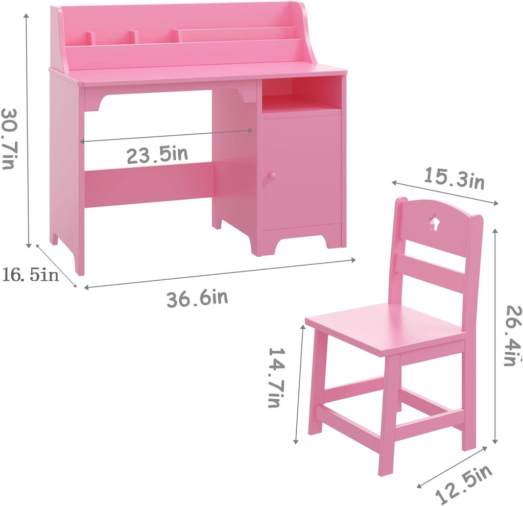 Kids Study Desk with Chair,Wooden Children Study Table, Kids Desk & Chair Sets with Hutch and Storage Cabinet for 3-12 Year Old, Student Writing Desk Computer Workstation for Kids Bedroom & Study Room