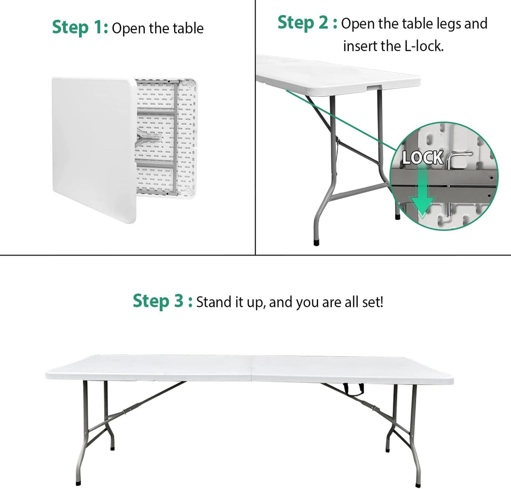 8ft Folding Table 96 inch, Heavy Duty 8 Foot Portable Plastic Foldable Table with Handle and Fold-in-Half Design, Blow Molded Tabletop for Outdoor, Indoor, Party, Dining and Camping, White
