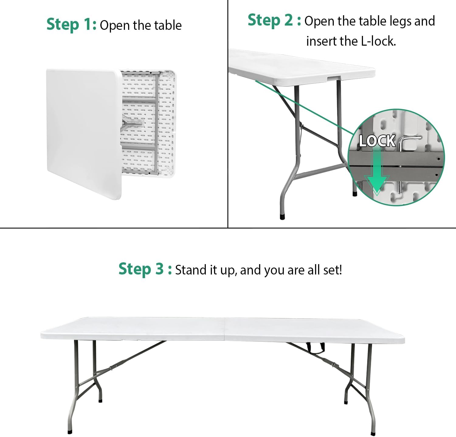 8ft Folding Table 96 inch, Heavy Duty 8 Foot Portable Plastic Foldable Table with Handle and Fold-in-Half Design, Blow Molded Tabletop for Outdoor, Indoor, Party, Dining and Camping, White