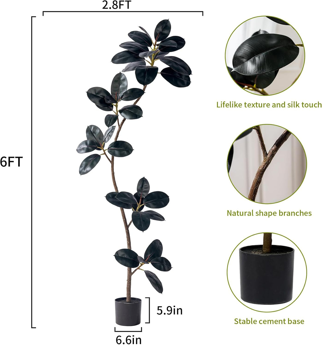 Bailikang 6ft Artificial Rubber Tree Faux Plants Indoor Faux Floor Artificial Trees Indoor,Fake Plant Fake Tropical Plants,Large Floor,Real Touch Rubber Tree for Home Decor
