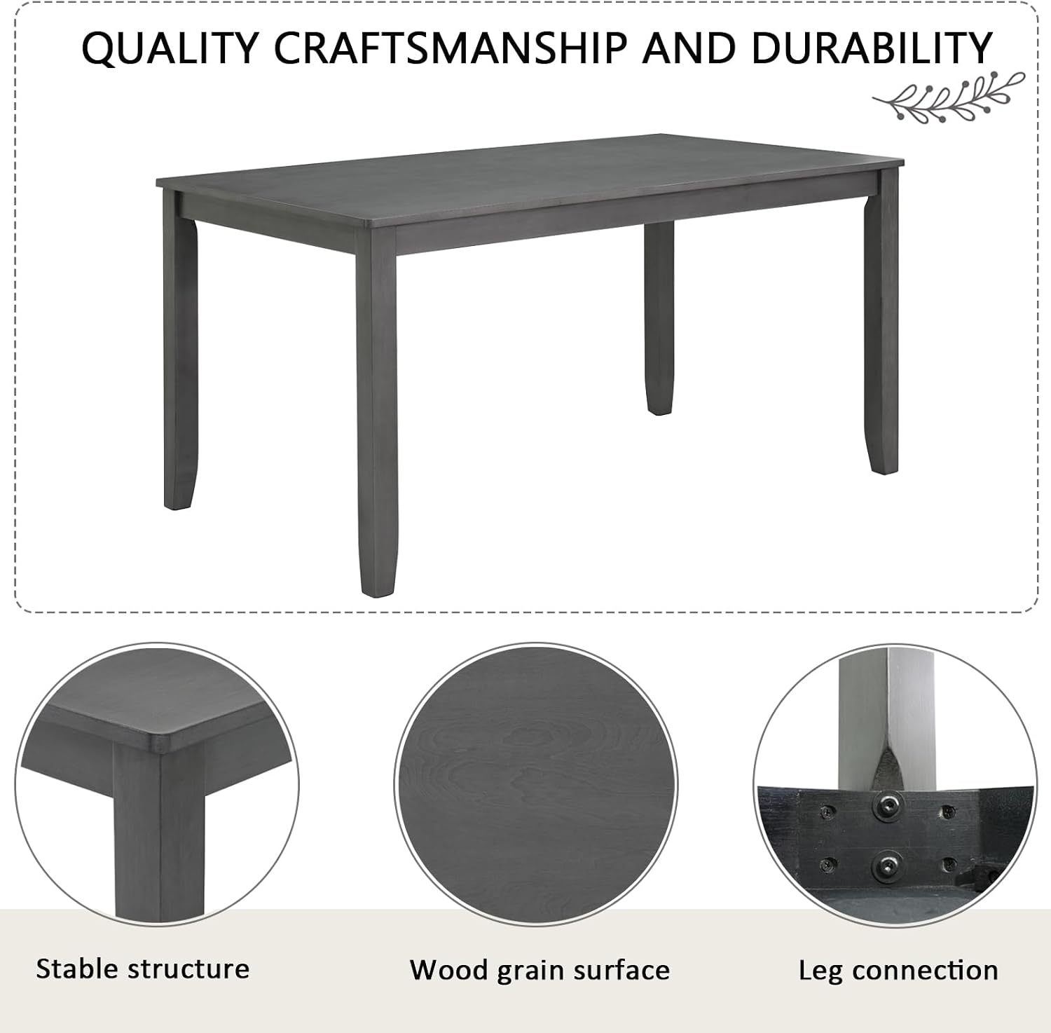KEIKI 6-Piece Standard Height Dining Table Set with Rectangular Table, 4 Upholstered Chair, Bench, for 6 Person, Farmhouse Rustic Style Table Set, Easy Assembly, for Kitchen, Dining Room, Gray