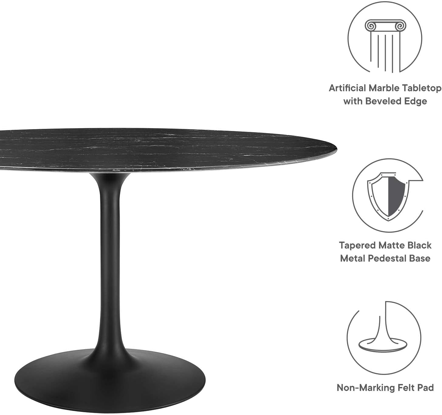 Modway Lippa Oval 54' Mid-Century Modern Artificial Marble Dining Table in Black Black