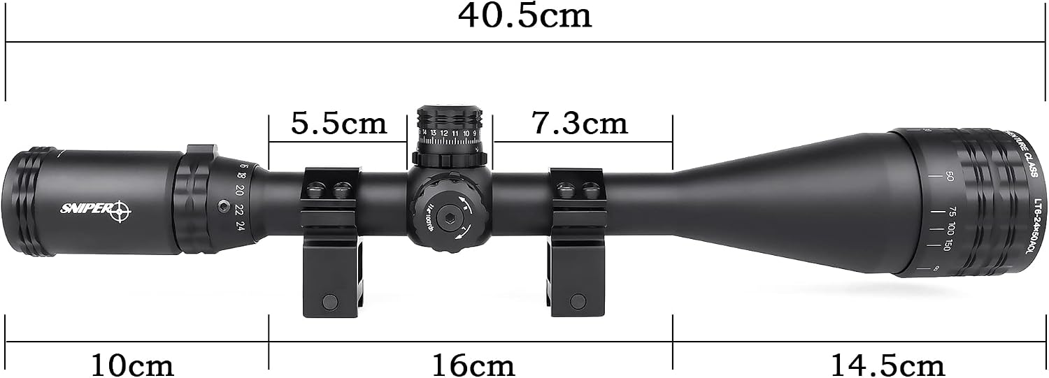 FSI Rifle Scopes 4-16x50 / 6-24x50 /4-12x50 w/Front AO Adjustment, Red/Blue/Green Illuminated Reticle with Picatinny Scope Rings