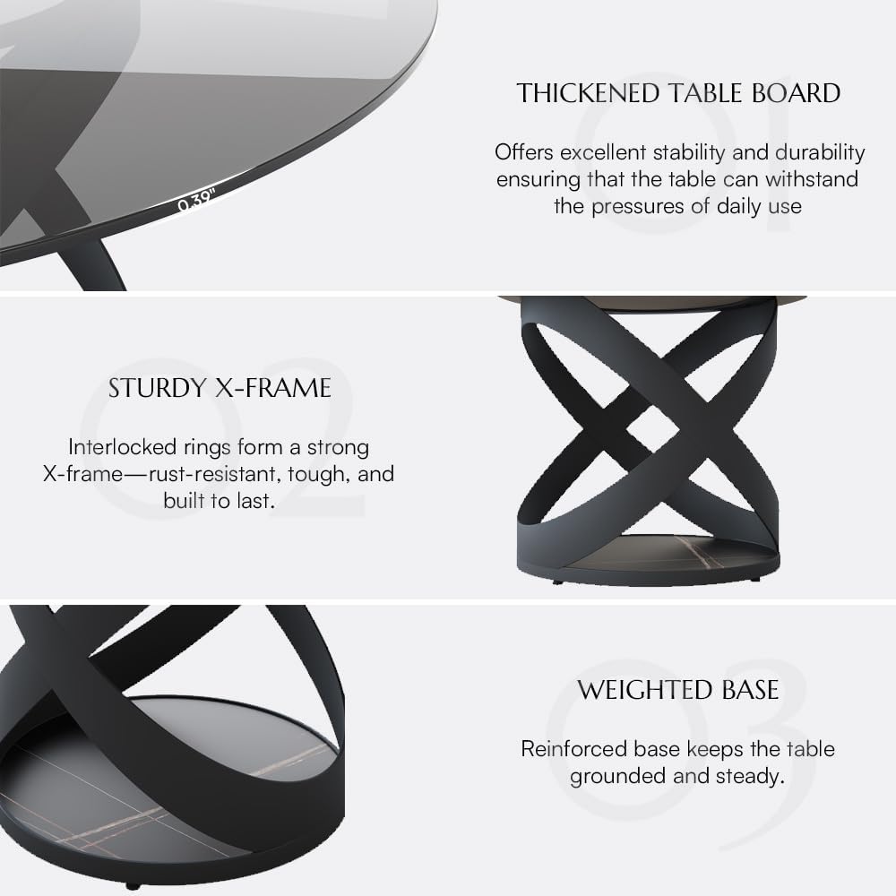 POVISON 51' Modern Round Dining Table, Glass Round Kitchen Table for 4, Tempered Glass Dining Room Table top with Black X Carbon Steel Base (Dining Table Only)