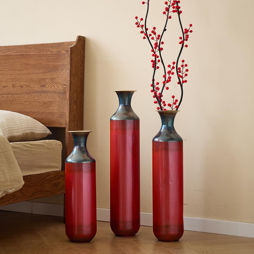 Floor Metal Decorated Vases Set of 3 for Gorgeous Home Decoration Large Glazed Metal Vases (Red)